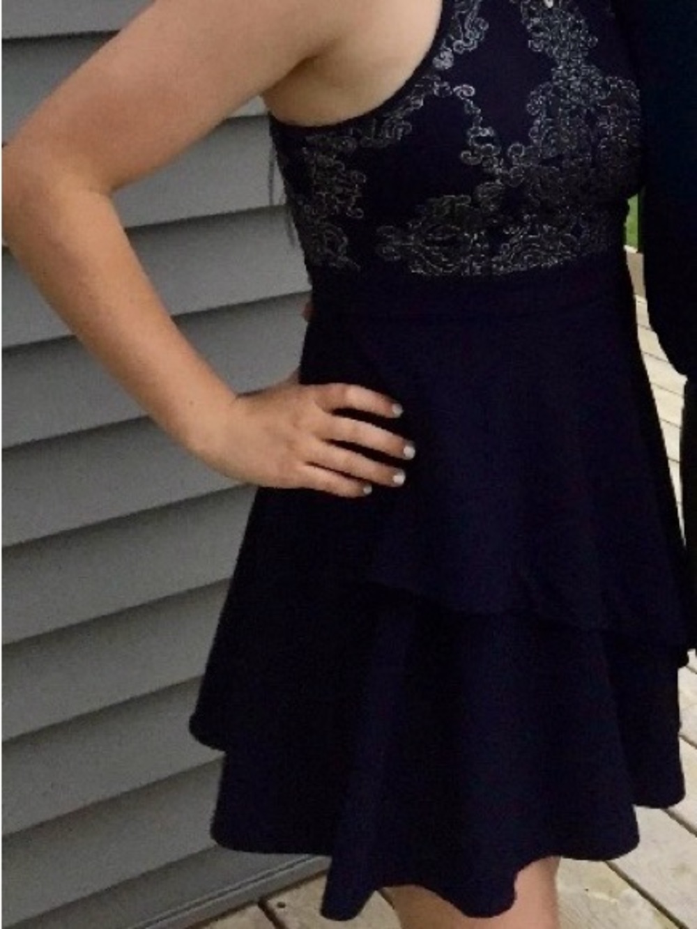 Speechless Navy Blue Sleeveless Tiered Dress with Navy and Silver Beaded Overlay